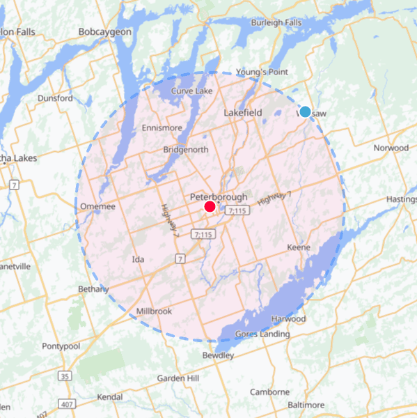 Map showing a 21 km service radius around downtown Peterborough, Ontario